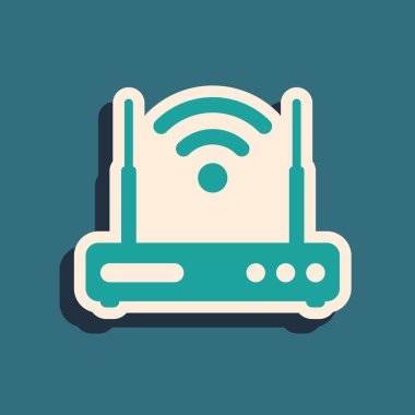 Yeşil Yönlendirici ve wi-fi sinyal sembolü simgesi mavi arka planda yalıtılmış. Kablosuz ethernet modem yönlendirici. Bilgisayar teknolojisi internet. Uzun gölge stili. Vektör İllüstrasyonu