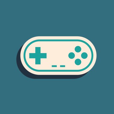 Mavi arka planda yalıtılmış Yeşil Gamepad simgesi. Oyun kumandası. Uzun gölge stili. Vektör İllüstrasyonu