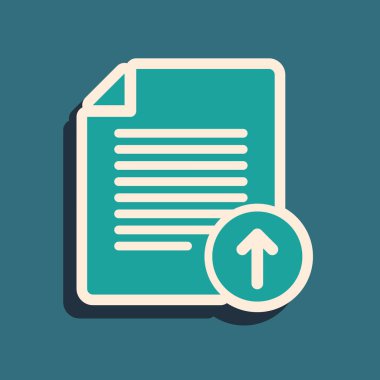 Mavi arka planda yalıtılmış Yeşil Yükleme dosya simgesi. Belge simgesini dosyala. Belge oku. Uzun gölge stili. Vektör İllüstrasyonu