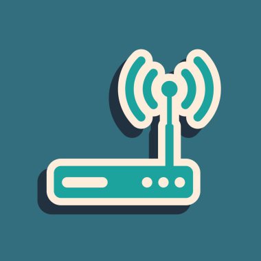 Yeşil Yönlendirici ve wi-fi sinyal sembolü simgesi mavi arka planda yalıtılmış. Kablosuz ethernet modem yönlendirici. Bilgisayar teknolojisi internet. Uzun gölge stili. Vektör İllüstrasyonu