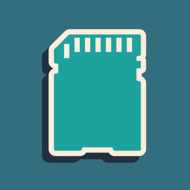 Mavi arka planda yalıtılmış yeşil Sd kart simgesi. Hafıza kartı. Bağdaştırıcı simgesi. Uzun gölge stili. Vektör İllüstrasyonu