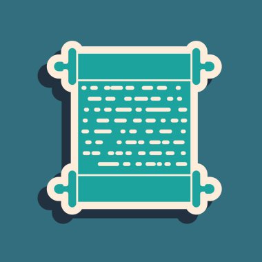 Yeşil Kağıt kaydırma simgesi mavi arka planda yalıtılmış. Tuval kaydırma işareti. Uzun gölge stili. Vektör İllüstrasyonu