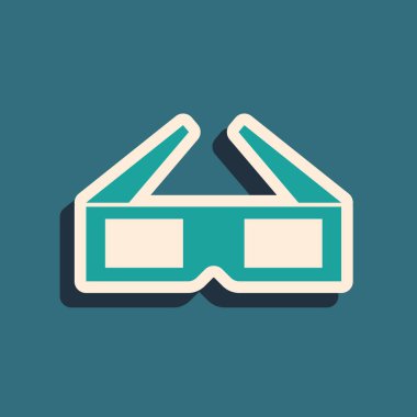 Yeşil 3d sinema gözlük simgesi mavi arka plan izole. Uzun gölge stili. Vektör İllüstrasyonu