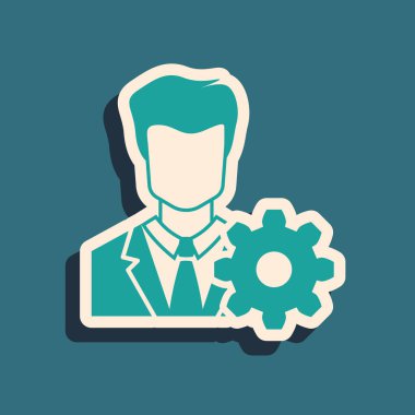Mavi arka planda yalıtılmış Yeşil Profil ayarları simgesi. Kullanıcı ayarı simgesi. Cogwheel ile Profil Avatar. Hesap simgesi. Erkek silueti. Uzun gölge stili. Vektör İllüstrasyonu