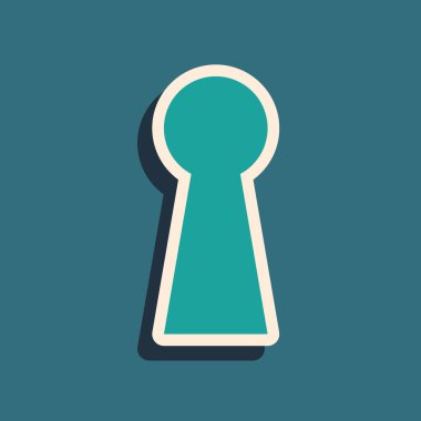 Mavi arka planda yalıtılmış yeşil anahtar deliği simgesi. Başarı çözümünün anahtarı. Anahtar deliği bilmece, gizli, güvenlik, güvenlik kavramını ifade. Uzun gölge stili. Vektör İllüstrasyonu