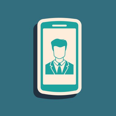 Mavi arka planda izole edilmiş ekran simgesinde kişi olan Yeşil Akıllı Telefon. Gelen arama. Telefon ekranında insan. İletişimi arayın. Uzun gölge stili. Vektör İllüstrasyonu