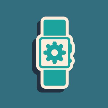 Yeşil Smartwatch ayarı simgesi mavi arka planda yalıtılmış. Akıllı saat ayarları. Uzun gölge stili. Vektör İllüstrasyonu