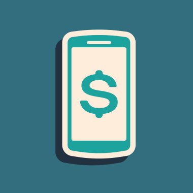 Mavi arka planda izole edilmiş dolar sembolü simgesine sahip Yeşil Akıllı Telefon. Online alışveriş konsepti. Finansal cep telefonu simgesi. Online ödeme. Uzun gölge stili. Vektör İllüstrasyonu