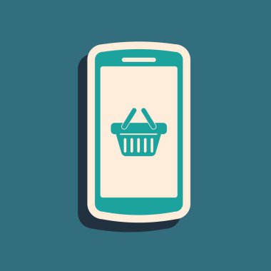 Mavi arka planda yalıtılmış ekran akıllı telefon simgesiyeşil Alışveriş sepeti. Konsept e-ticaret, e-iş, online iş pazarlama. Uzun gölge stili. Vektör İllüstrasyonu