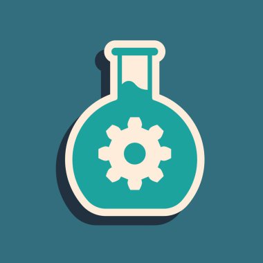 Yeşil Biyomühendislik simgesi mavi arka plan üzerinde izole. Genetik ve biyomühendislik simgesinin unsuru. Biyoloji, molekül, kimyasal ikon. Uzun gölge stili. Vektör İllüstrasyonu