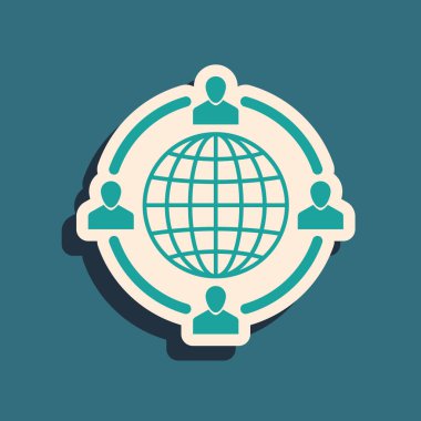 Yeşil Dış Kaynak kavramı simgesi mavi arka plan üzerinde izole. İşbirliği işareti. Takım çalışması ve yatırım fikri. Uzun gölge stili. Vektör İllüstrasyonu