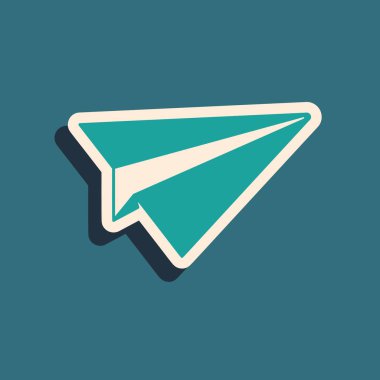 Yeşil Kağıt düzlem simgesi mavi arka planda yalıtılmış. Kağıt uçak simgesi. Uçak işareti. Uzun gölge stili. Vektör İllüstrasyonu