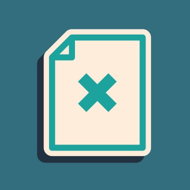 Mavi arka planda yalıtılmış Yeşil Silme dosya belge simgesi. Reddedilen belge simgesi. Kağıt üzerinde çapraz. Uzun gölge stili. Vektör İllüstrasyonu