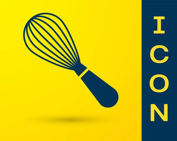 Ícone de whisk Blue Kitchen isolado no fundo amarelo. Utensílio de cozinha, batedor de ovos. Sinal de talheres. Símbolo de mistura de alimentos. Ilustração vetorial —  Vetores de Stock