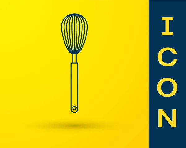 Ícone de whisk Blue Kitchen isolado no fundo amarelo. Utensílio de cozinha, batedor de ovos. Sinal de talheres. Símbolo de mistura de alimentos. Ilustração vetorial —  Vetores de Stock