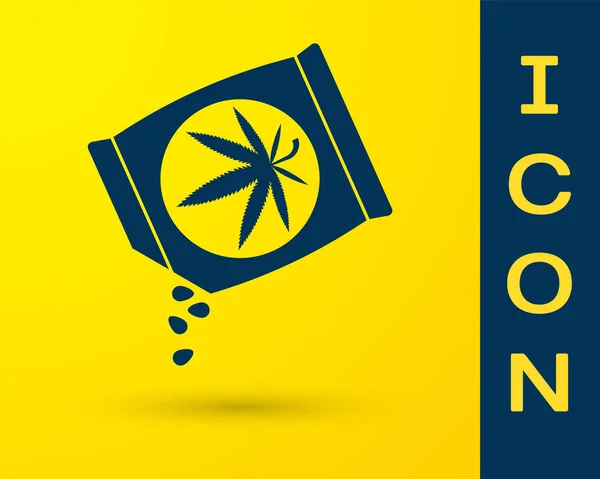 Marihuana azul o semillas de cannabis en una bolsa icono aislado sobre fondo amarillo. Un símbolo de cáñamo. El proceso de plantación de marihuana. Ilustración vectorial — Vector de stock