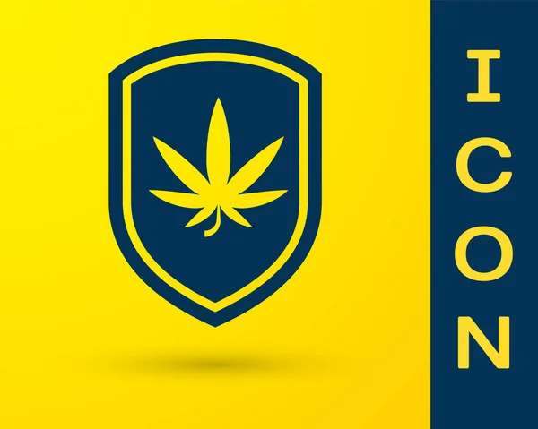 Escudo azul y marihuana o icono de la hoja de cannabis aislado sobre fondo amarillo. Legalización de la marihuana. Un símbolo de cáñamo. Ilustración vectorial — Vector de stock