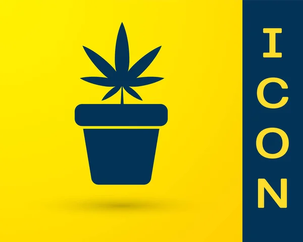 Azul Marihuana medicinal o planta de cannabis en maceta icono aislado sobre fondo amarillo. Concepto de cultivo de marihuana. Planta en maceta de cáñamo. Ilustración vectorial — Vector de stock