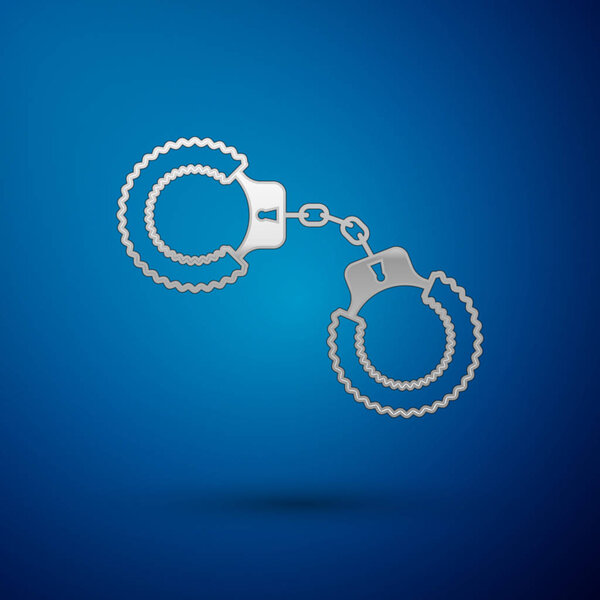 Silver Sexy fluffy handcuffs icon isolated on blue background. Handcuffs with fur. Fetish accessory. Sex shop stuff for sadist and masochist. Vector Illustration