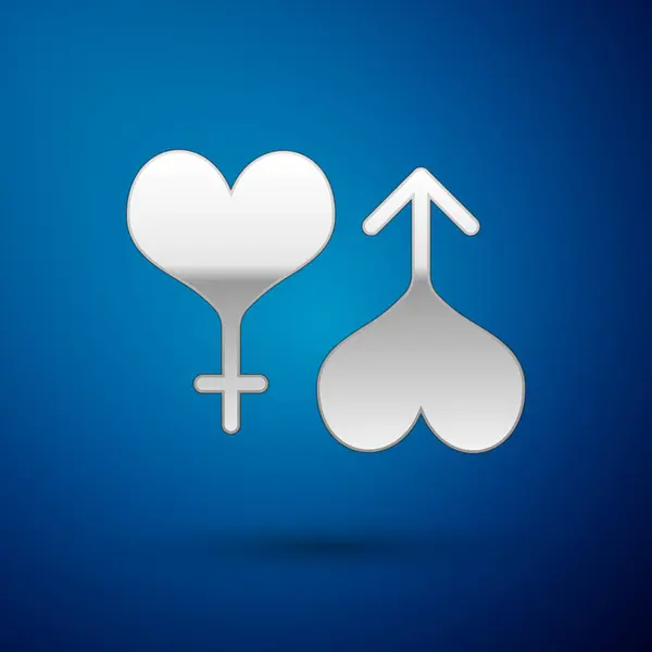 Zilveren mannelijke en vrouwelijke symbool hart pictogram geïsoleerd op blauwe achtergrond. Geslacht symbool. Vector illustratie — Stockvector