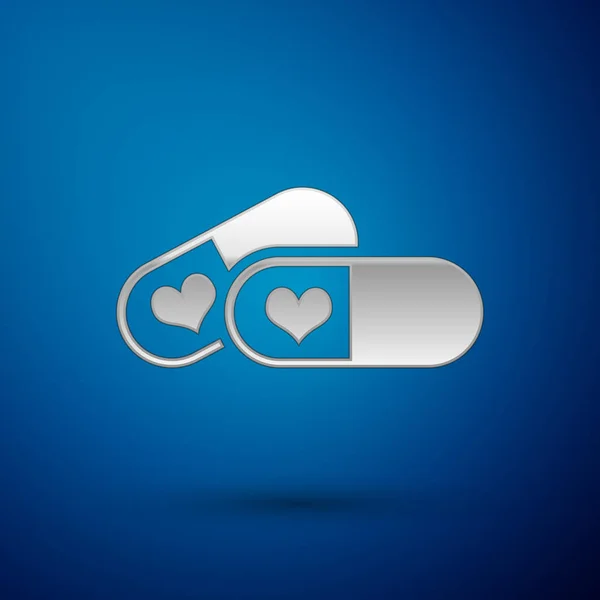 Silver Pills dla potencji, ikona afrodyzjak izolowane na niebieskim tle. Sex Pills dla mężczyzn i kobiet. Ilustracja wektorowa — Wektor stockowy