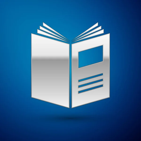 Ikona stříbrné otevřené knihy, samostatná na modrém pozadí. Vektorová ilustrace — Stockový vektor