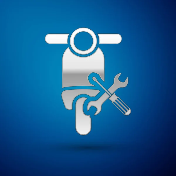 Scooter de prata com chave de fenda e ícone chave isolada no fundo azul. Ajuste, serviço, configuração, manutenção, reparação, fixação. Ilustração vetorial —  Vetores de Stock