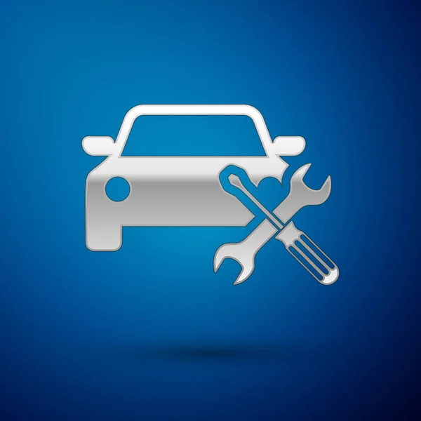 银色汽车与螺丝刀和扳手图标隔离在蓝色背景。调整、维修、设置、维护、修理、修理。矢量插图 — 图库矢量图片