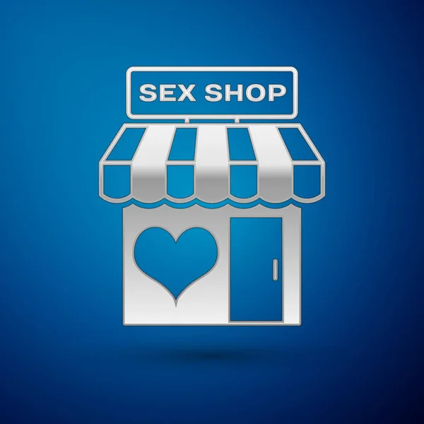 青い背景に隔離されたストライプのオーニングアイコンを持つシルバーセックスショップの建物。セックスショップ、オンラインセックスストア、大人のエロ商品コンセプト。ベクトルイラストレーション — ストックベクタ