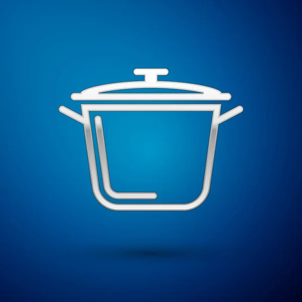 파란색 배경에 고립 된 실버 요리 냄비 아이콘입니다. 끓이거나 음식 기호를 스튜. 벡터 일러스트레이션 — 스톡 벡터