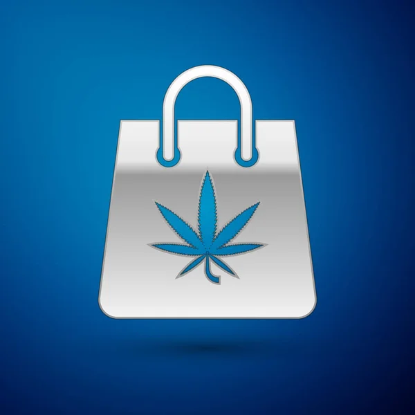Stříbro Nákupní papírový sáček lékařské marihuany nebo konopných listů ikony izolované na modrém pozadí. Kupuji konopí. Symbol konopí. Vektorová ilustrace — Stockový vektor