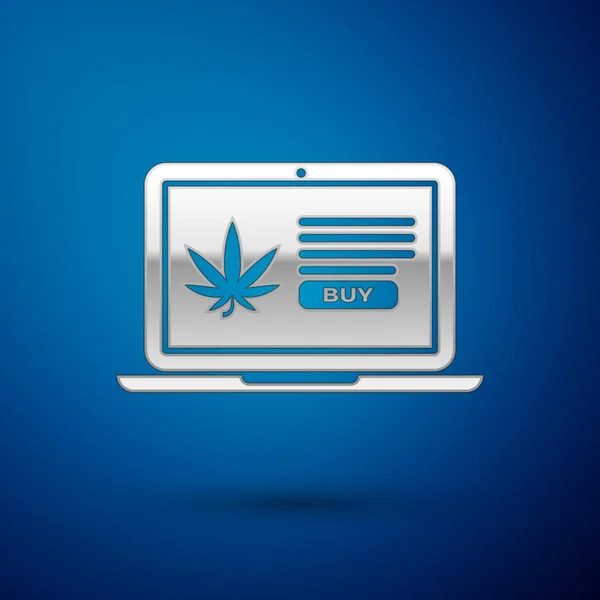 Stříbrný notebook a lékařská marihuana nebo konopný list ikona izolované na modrém pozadí. Online nákupní symbol. Koš v supermarketu. Vektorová ilustrace — Stockový vektor