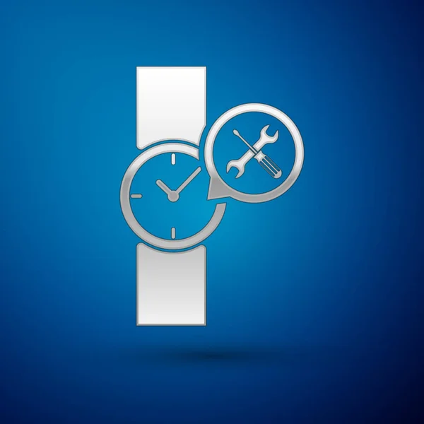 Stříbrné Náramkové hodinky se šroubovákem a klíčem izolované na modrém pozadí. Seřízení, servis, nastavení, údržba, opravy, upevnění. Vektorová ilustrace — Stockový vektor