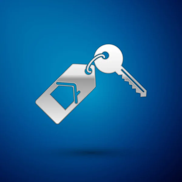 Srebrny dom z ikoną klucza na niebieskim tle. Koncepcja domu pod klucz. Ilustracja wektorowa — Wektor stockowy