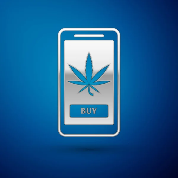 Silver Teléfono móvil y marihuana medicinal o icono de la hoja de cannabis aislado sobre fondo azul. Símbolo de compra online. Cesta del supermercado. Ilustración vectorial — Archivo Imágenes Vectoriales