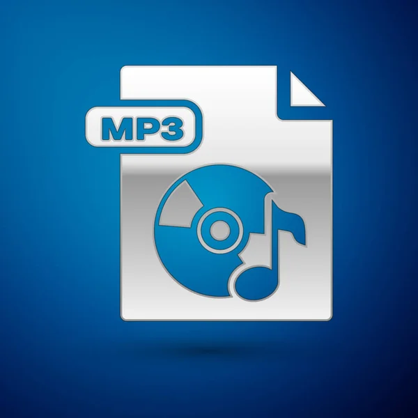 Zilver MP3-bestand document. Download mp3 knop icoon geïsoleerd op blauwe achtergrond. MP3-muziek formaat teken. MP3-bestand symbool. Vector illustratie — Stockvector