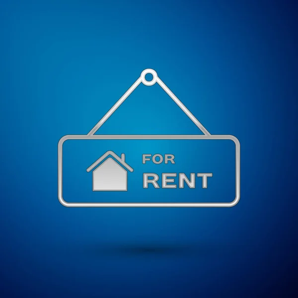 Silver Hanging sign with text For Rent icon isolated on blue background. Signboard with text For Rent. Vector Illustration — Stock Vector