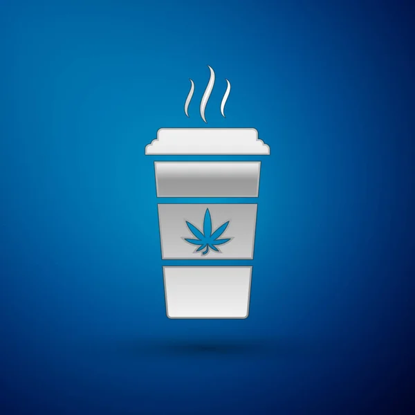Silberne Tasse Kaffee mit Marihuana oder Cannabisblatt-Symbol auf blauem Hintergrund. Marihuana-Legalisierung. Hanf-Symbol. Vektorillustration — Stockvektor