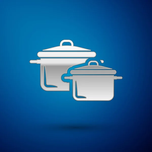 Gümüş Pişirme pot simgesi mavi arka plan üzerinde izole. Kaynatın veya güveç gıda sembolü. Vektör İllüstrasyonu — Stok Vektör