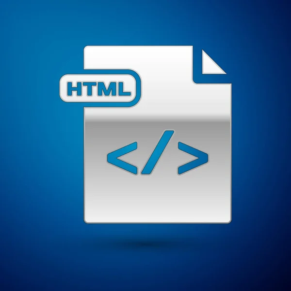 Documento de arquivo HTML prata. Baixe o ícone do botão html isolado no fundo azul. Símbolo de arquivo HTML. Símbolo de linguagem de marcação. Ilustração vetorial — Vetor de Stock