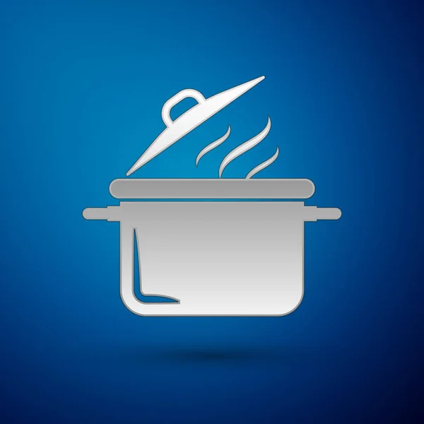 Ezüst főző pot ikon izolált kék háttér. Forraljuk vagy pörkölt élelmiszer-szimbólum. Vektoros illusztráció — Stock Vector