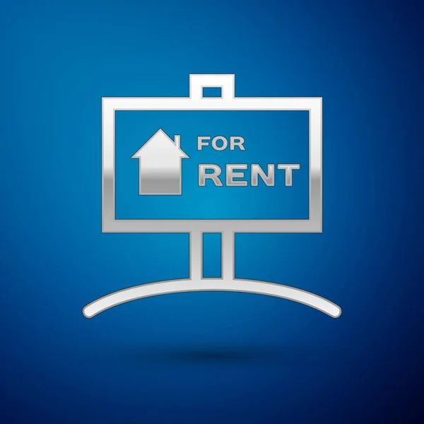 Silver Hanging sign with text For Rent icon isolated on blue background. Signboard with text For Rent. Vector Illustration — Stock Vector