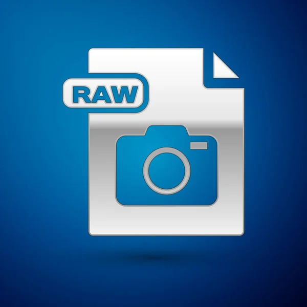 Dokument pliku Silver RAW. Pobierz RAW ikona przycisku izolowane na niebieskim tle. Symbol pliku RAW. Ilustracja wektorowa — Wektor stockowy