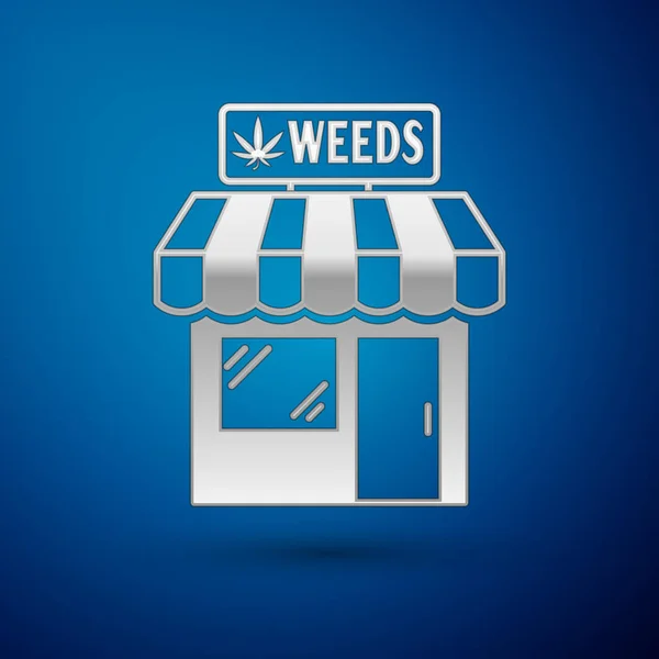 Icono de la tienda de marihuana plateada y cannabis aislado sobre fondo azul. Equipos y accesorios para fumar, almacenar cannabis medicinal. Ilustración vectorial — Vector de stock