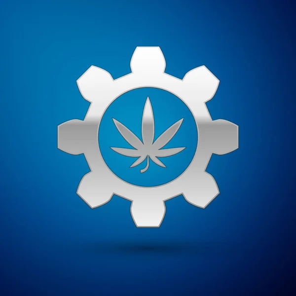 Tubo de ensayo Silver Chemical con marihuana o icono de hoja de cannabis aislado sobre fondo azul. Concepto de investigación. Concepto de aceite de CBD de laboratorio. Ilustración vectorial — Archivo Imágenes Vectoriales