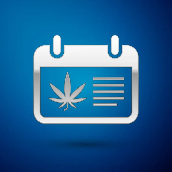 Calendrier en argent et icône de feuille de marijuana ou de cannabis isolé sur fond bleu. Journée nationale des mauvaises herbes. Symbole de chanvre. Illustration vectorielle — Image vectorielle