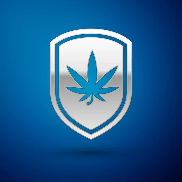 Bouclier d'argent et icône de feuille de marijuana ou de cannabis isolé sur fond bleu. Légalisation de la marijuana. Symbole de chanvre. Illustration vectorielle — Image vectorielle