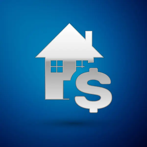 Casa de plata con símbolo del dólar icono aislado sobre fondo azul. Hogar y dinero. Concepto inmobiliario. Ilustración vectorial — Archivo Imágenes Vectoriales