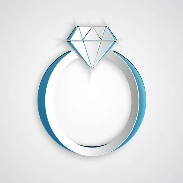 Χαρτί κομμένο με διαμάντι εικονίδιο δαχτυλίδι αρραβώνων απομονώνεται σε γκρι φόντο. Καλλιτεχνικό στυλ. Απεικόνιση διανυσματικών φορέων — Διανυσματικό Αρχείο