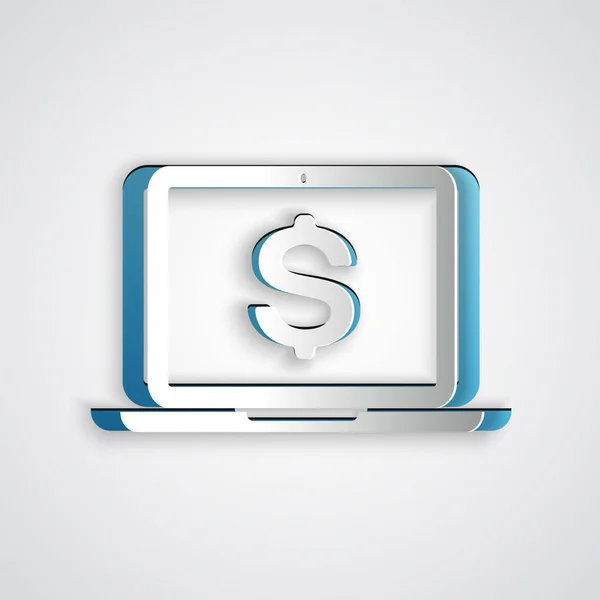 Χαρτί cut φορητό υπολογιστή με το εικονίδιο σύμβολο δολαρίου απομονωθεί σε γκρι φόντο. Έννοια της διαδικτυακής αγοράς. Η ιδέα της οικονομίας. Καλλιτεχνικό στυλ. Απεικόνιση διανυσματικών φορέων — Διανυσματικό Αρχείο